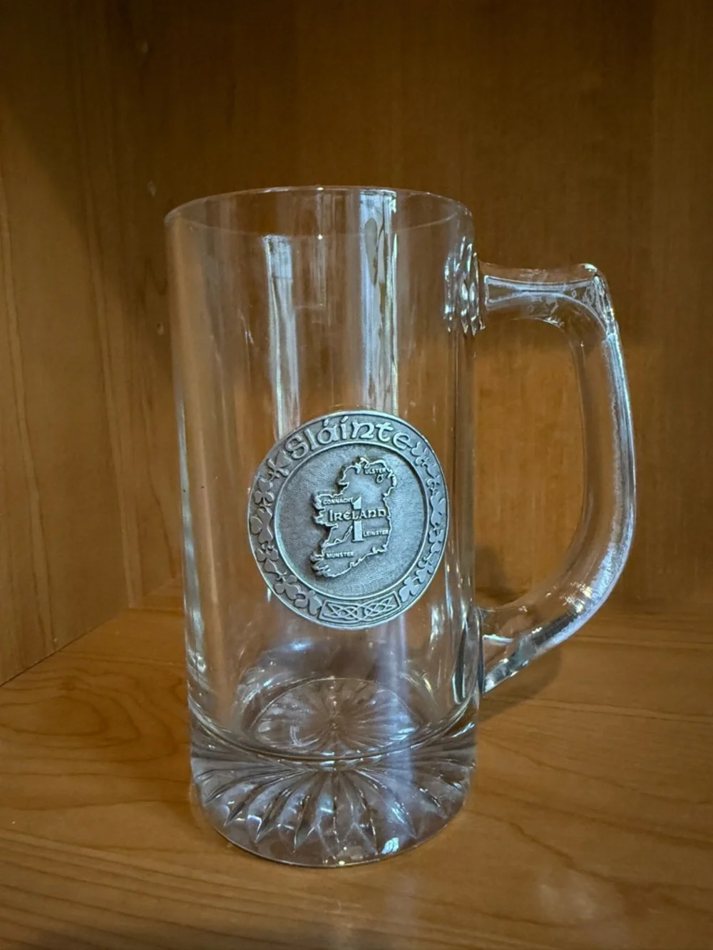 Clear‎ Glass Irish Beer Stein Mug with Pewter Crest Vintage
